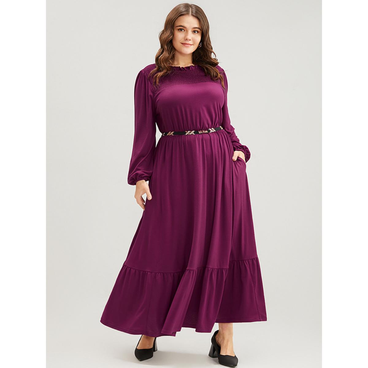 Plus Size Solid Frill Trim Shirred Lantern Sleeve Pocket Flutter Maxi Dress Purple Women Elegant Pocket Round Neck Long Sleeve Curvy Long Dress BloomChic 10/M Product Image
