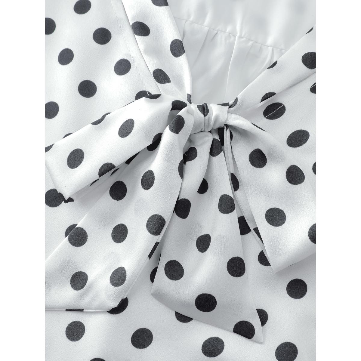 Plus Size WhiteSmoke Ribbon-Tie Neckline Polka Dots Blouse Women Office Extra Long Sleeve Ribbon-tied collar Office Blouses BloomChic 26/4X Product Image