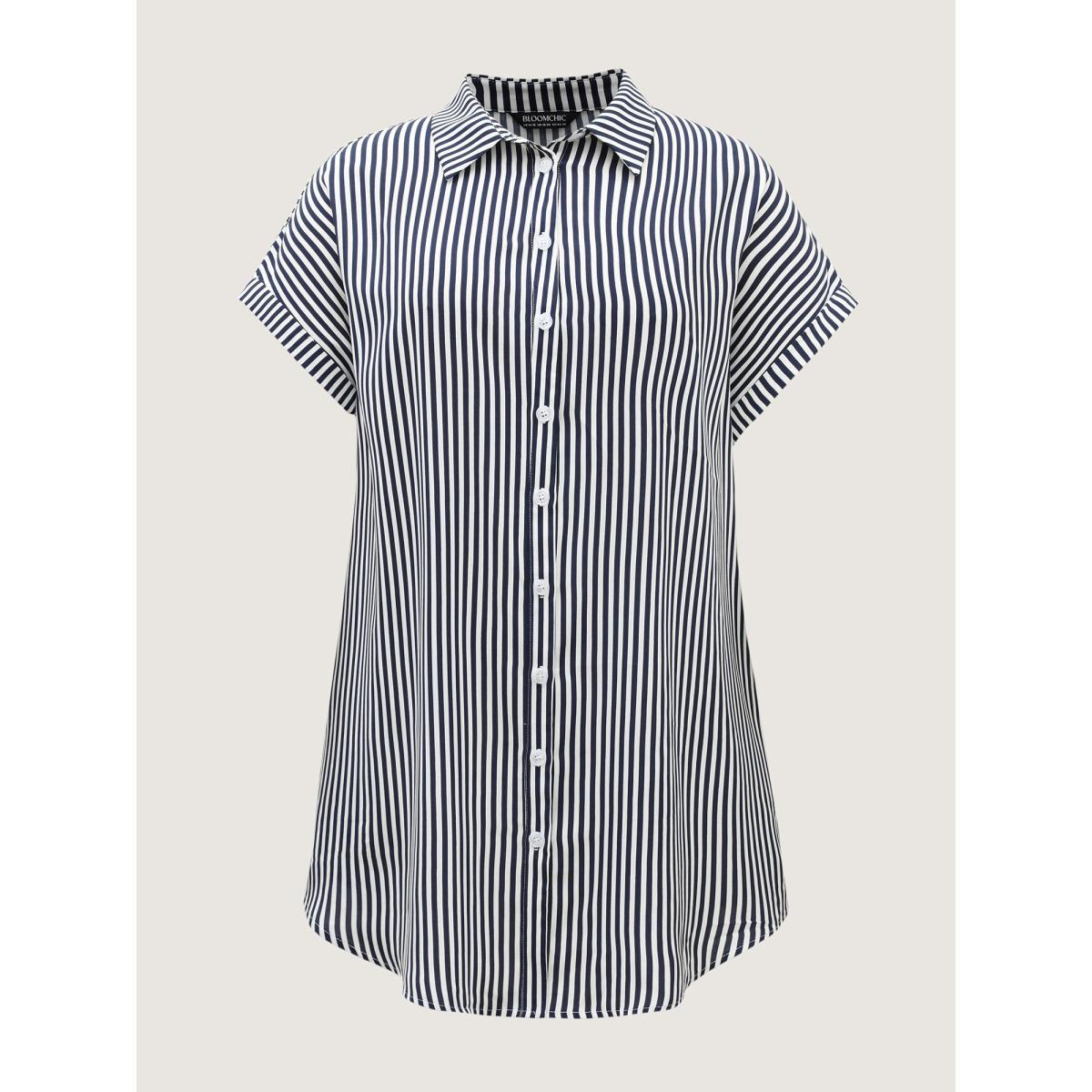 Plus Size Indigo Striped Button-Front Tunic Blouse Women Short sleeve Shirt collar Everyday-Casual Blouses BloomChic 12/L Product Image