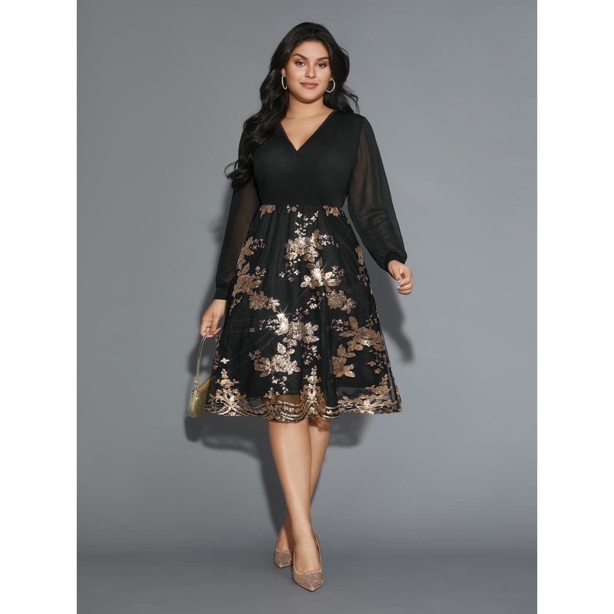 Plus Size Sequin Overlap Collar Sheer Sleeve Lined Dress Black Women Cocktail Texture Party Curvy Bloomchic 18-20/2X Product Image