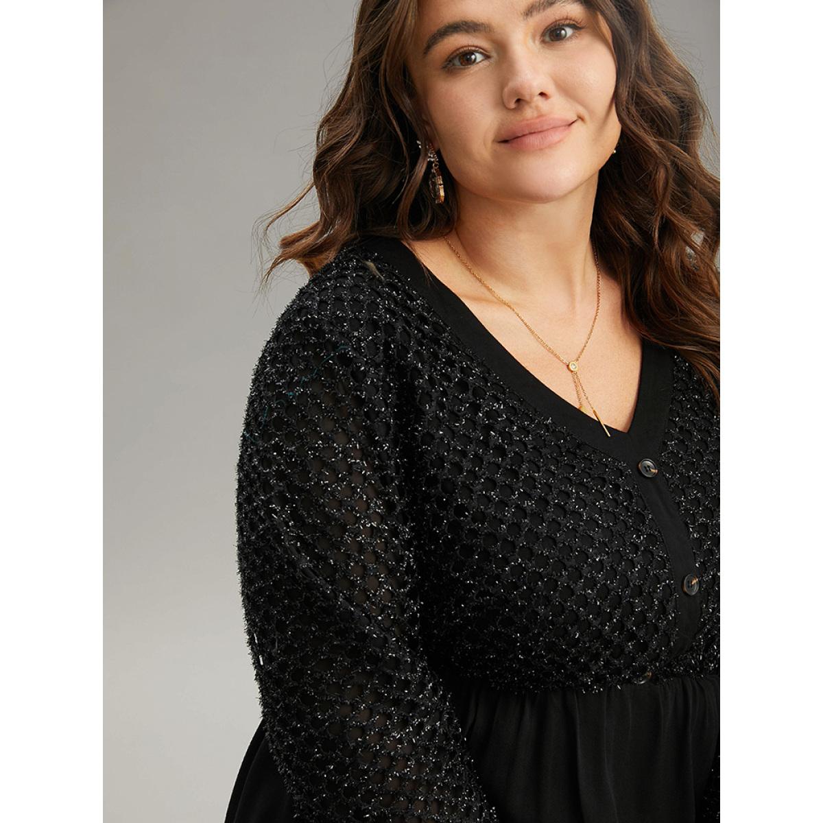 Plus Size Black Glitter Mesh Patchwork Lantern Sleeve Blouse Women Glamour Long Sleeve V-neck Festival-Christmas Blouses BloomChic 10/M Product Image