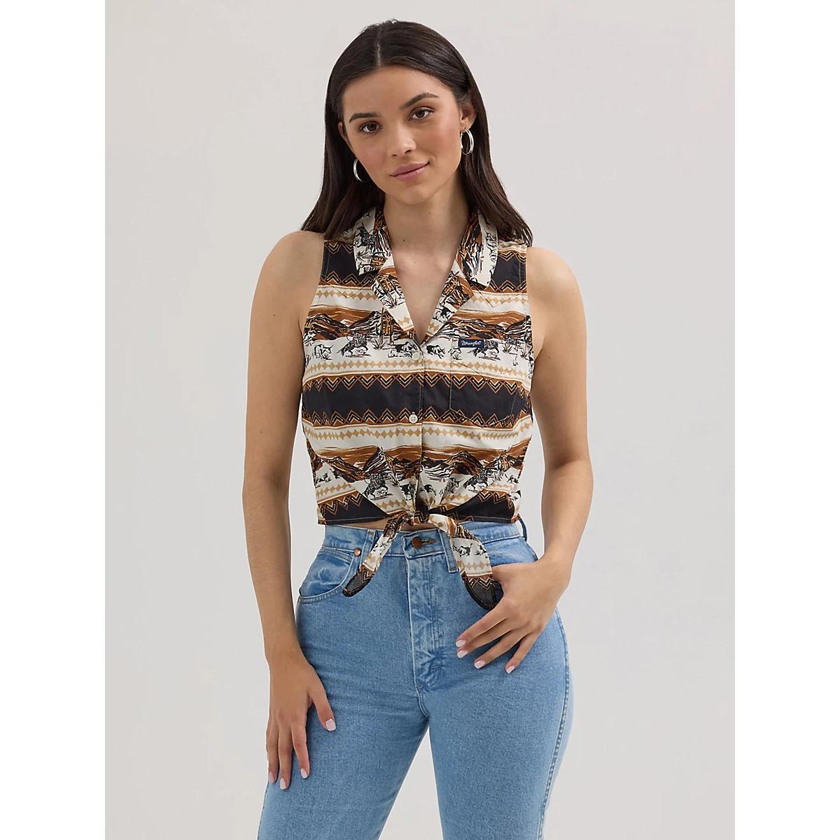 Women's Bold Printed Sleeveless Tie Front Shirt in Horse Stripe Product Image