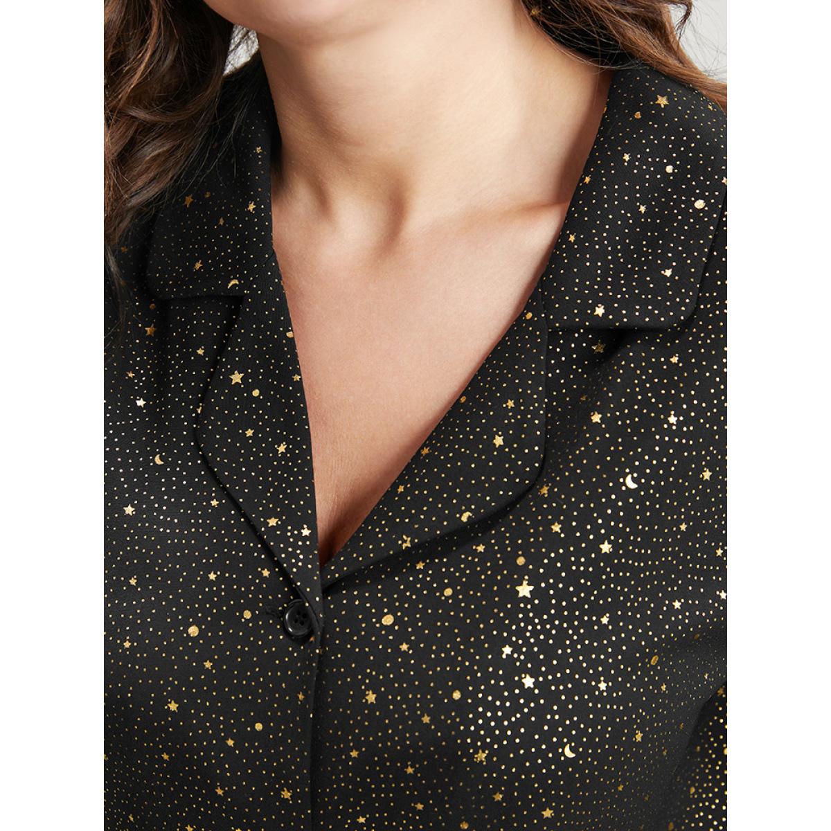 Plus Size Moon And Star Suit Collar Button Up Pajama Set Women Black Moon and Star Printed Long Sleeve Suit Collar Casual Loungewear Sets BloomChic 12/L Product Image