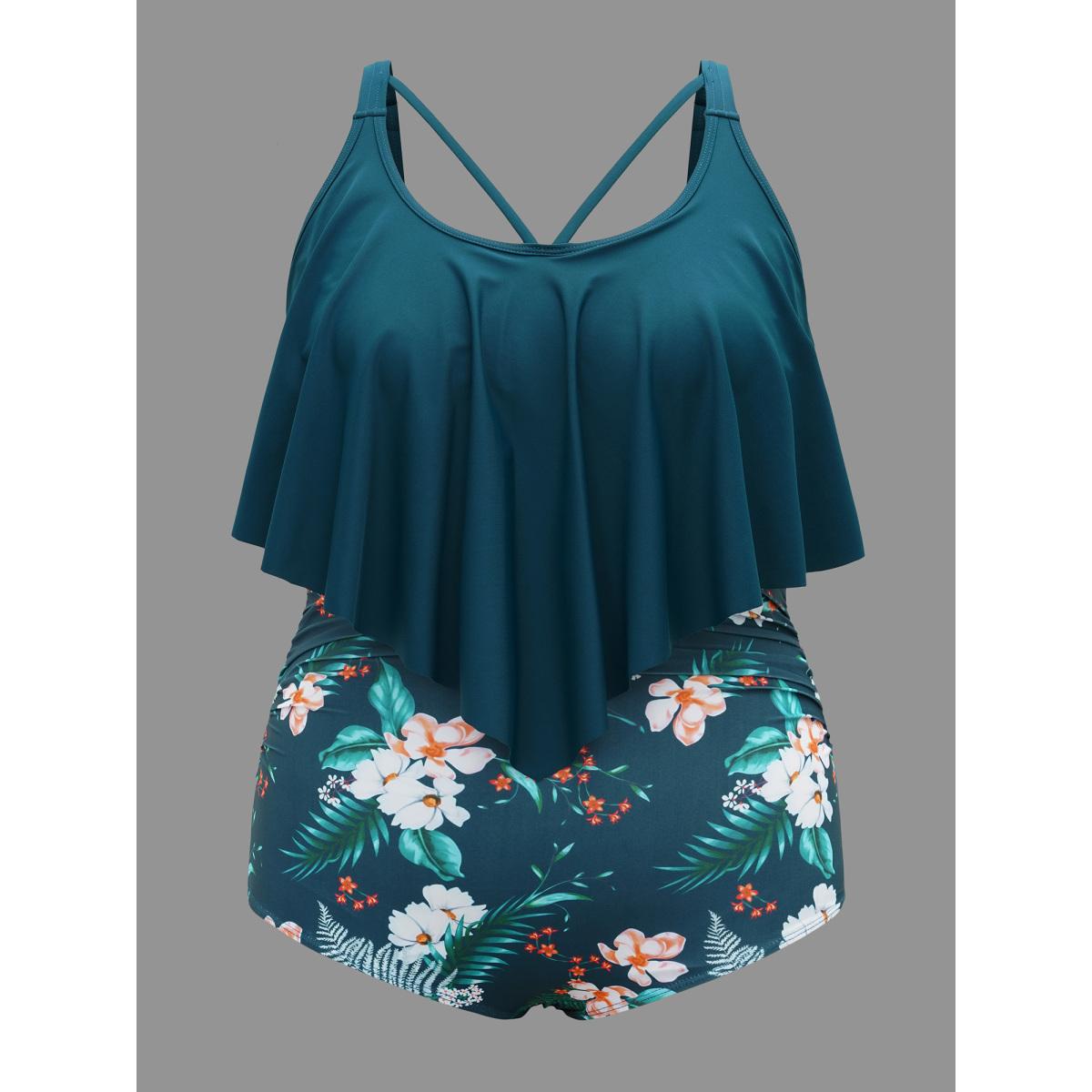 Plus Size Tropical Print Tiered Ruffles Crisscross One Piece Swimsuit Women's Swimwear Cyan Beach Gathered Curve Bathing Suits High stretch One Pieces BloomChic 30/6X Product Image