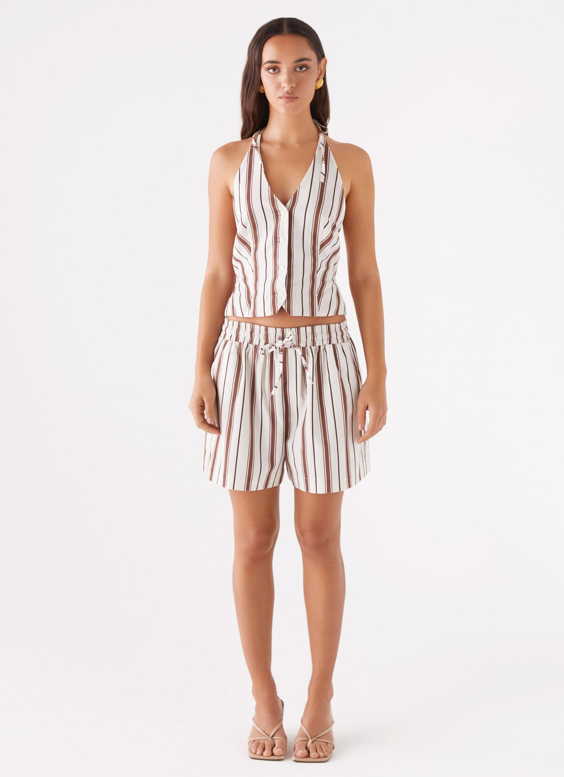 Kristen Linen Drawstring Shorts - Brown Stripe Product Image