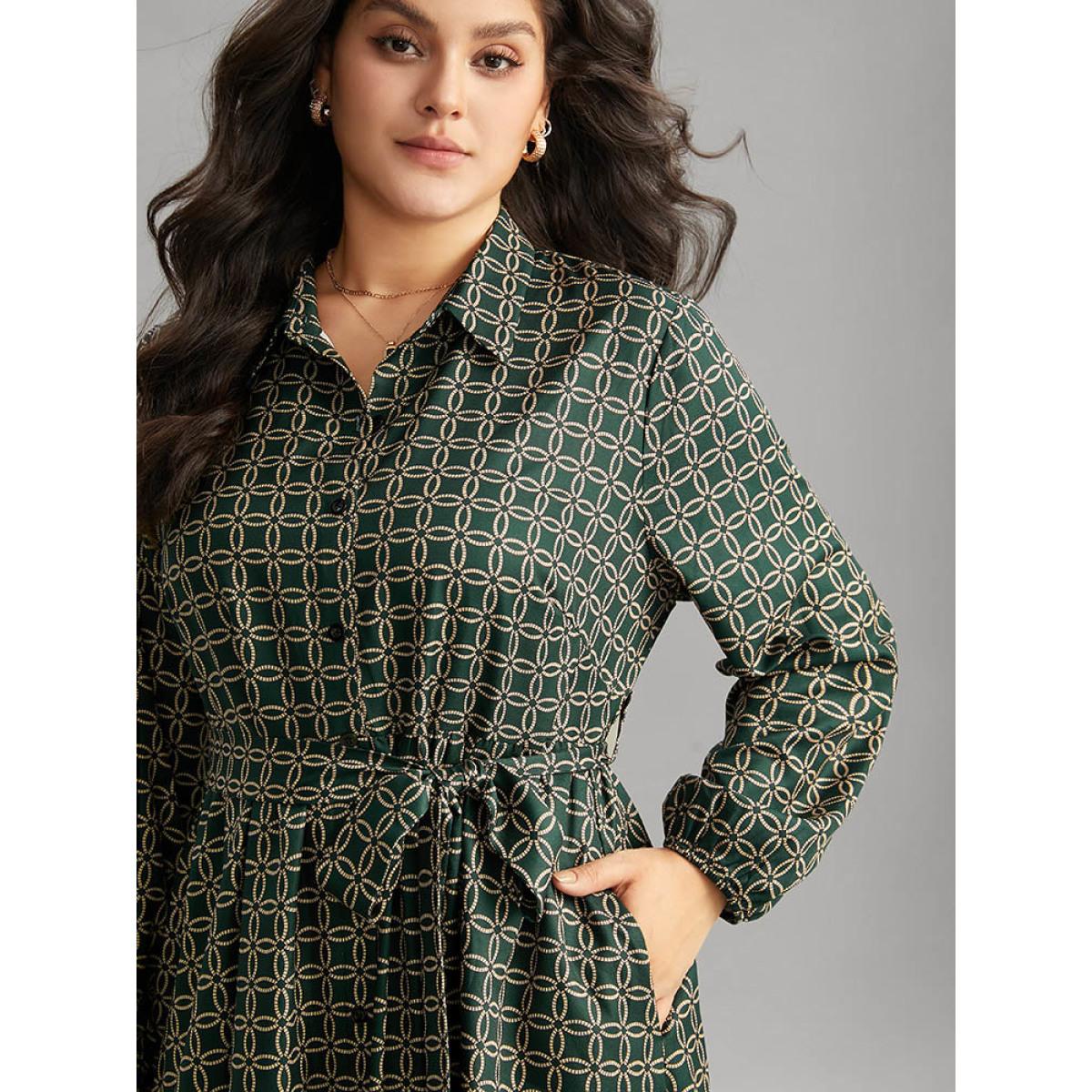 Plus Size Geometric Belted Curved Hem Lantern Sleeve Dress Cyan Women Office Elastic cuffs Shirt collar Long Sleeve Curvy Midi Dress BloomChic 14-16/1X Product Image