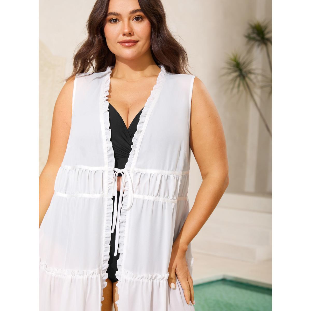Plus Size Shirred Front-Tie Webbed Kimono Women Originalwhite Woven ribbon&lace trim Vacation Kimonos BloomChic 26/4X Product Image