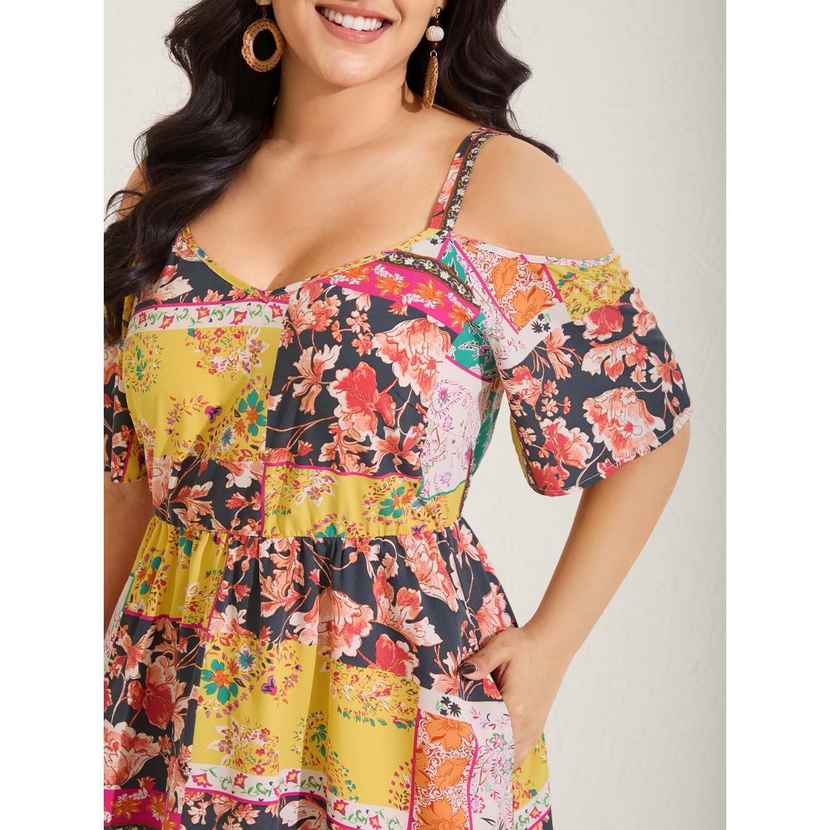 Plus Size Boho Floral Print Cold-Shoulder Midi Dress Multicolor Women Non Sleeveless Curvy BloomChic 26/4X Product Image