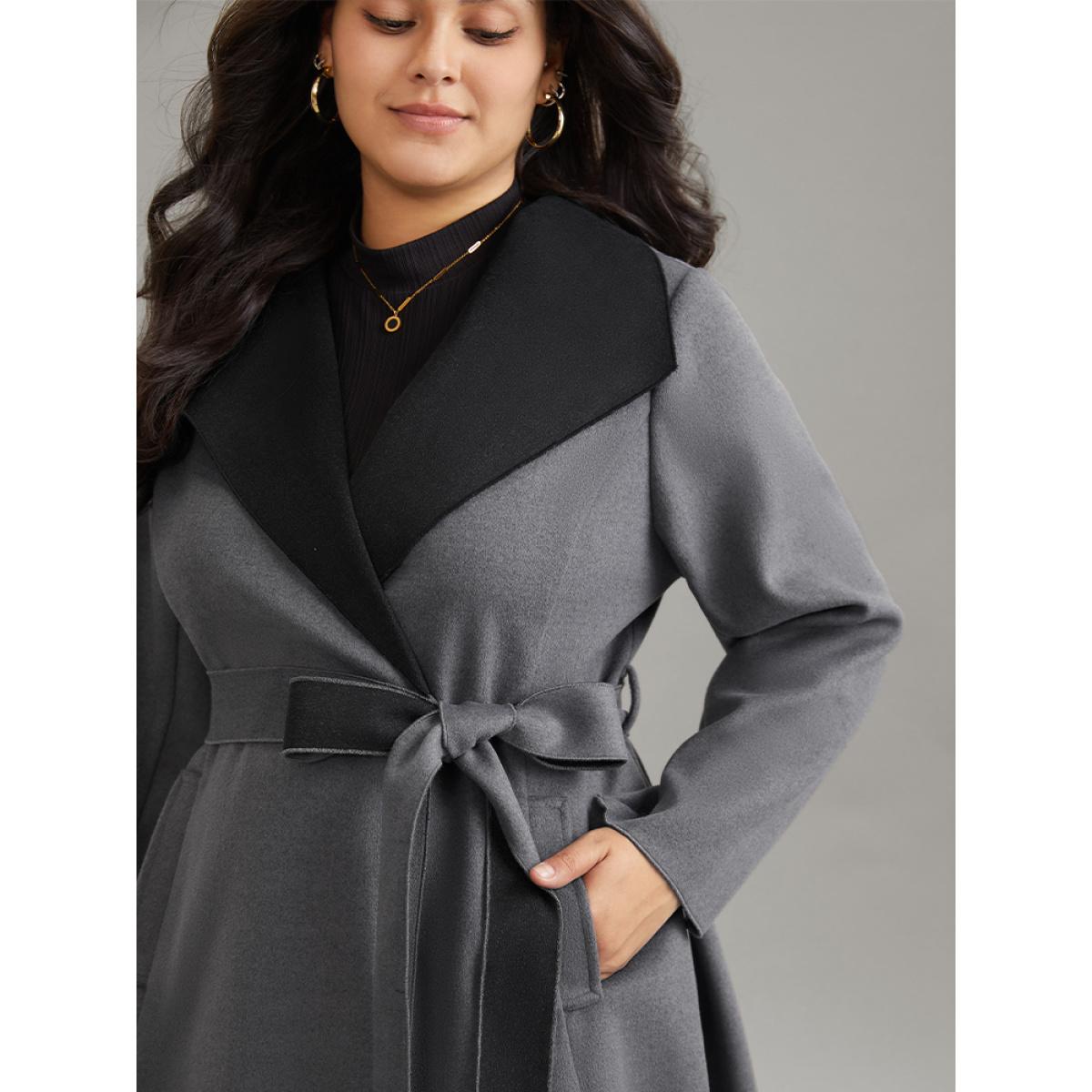 Plus Size Lapel Collar Contrast Belted Coat Women Gray Elegant Belted Ladies Everyday Winter Coats BloomChic 28/5X Product Image