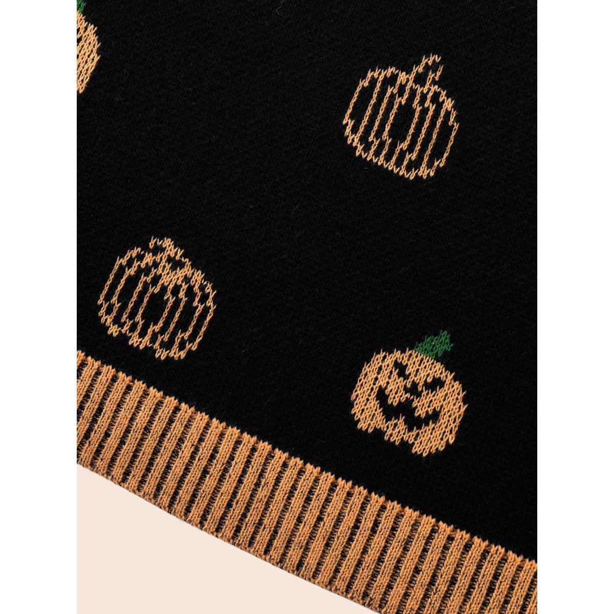 Plus Size Pumpkin Patch Contrasting Color Hemline Pullover Black Women Casual Loose Long Sleeve V-neck Everyday Pullovers BloomChic 12/L Product Image