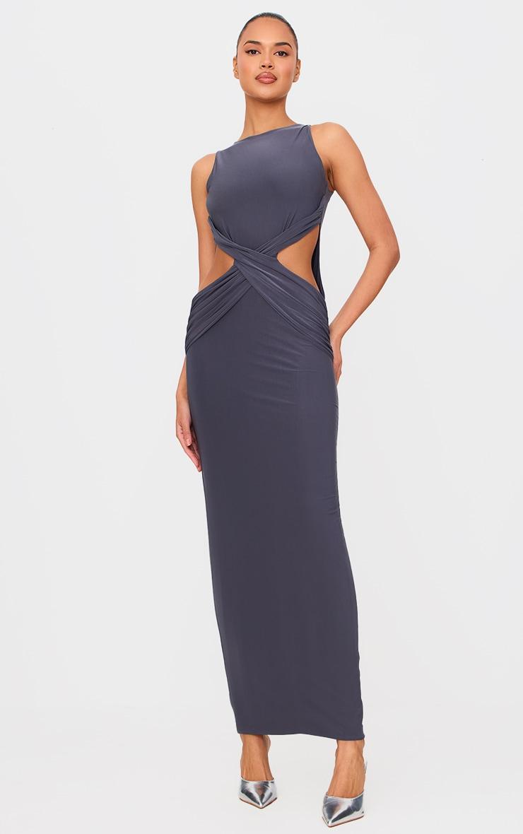 Charcoal Double Layer Slinky Twist Front Maxi Dress Product Image