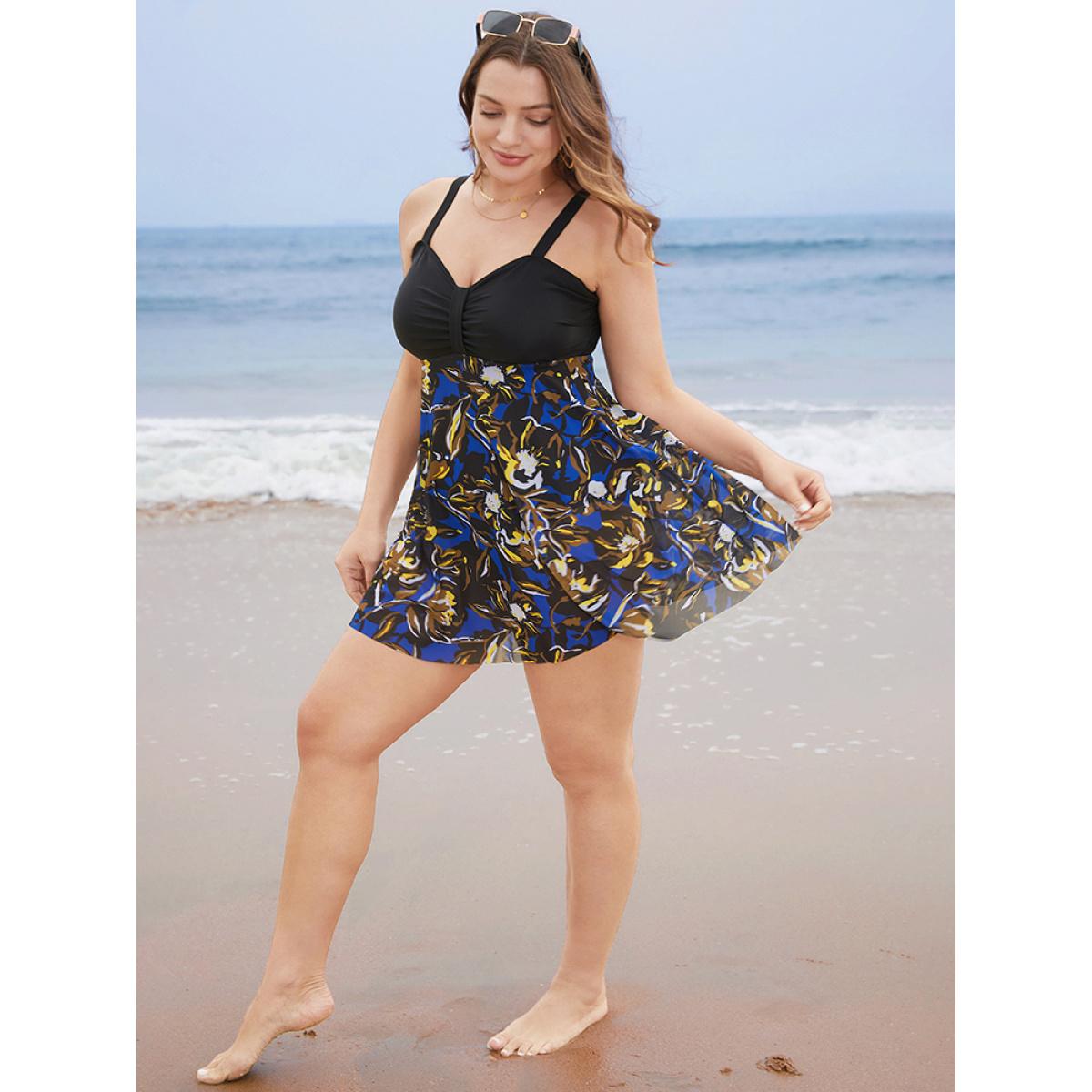 Plus Size Tropical Print Patchwork A Line Ruched Swim Dress Women's Swimwear Black Vacation Bodycon High stretch Curve Swim Dresses BloomChic 26/4X Product Image