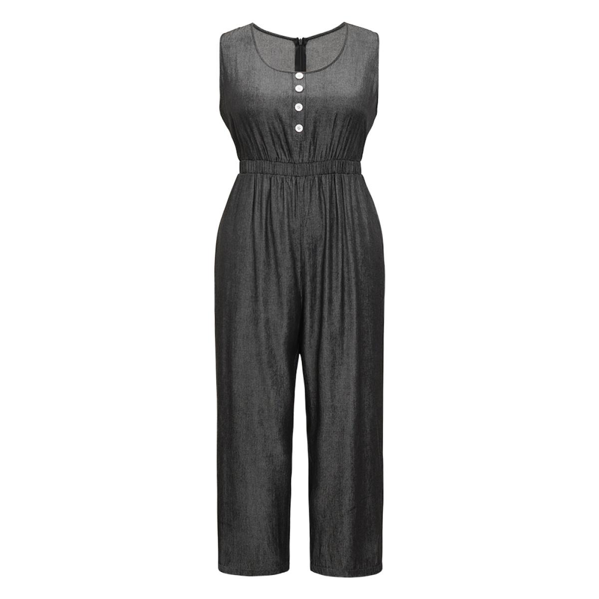 Plus Size Black Solid Pocket Button Detail Zipper Tank Jumpsuit Women Casual Sleeveless Round Neck Dailywear Loose Jumpsuits BloomChic 12/L Product Image