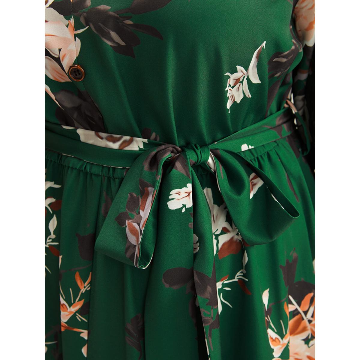 Plus Size Floral Print Lantern Sleeve Button Detail Pocket Belted Dress Moss Women Elegant Elastic Waist V-neck Long Sleeve Curvy Midi Dress BloomChic 12/L Product Image