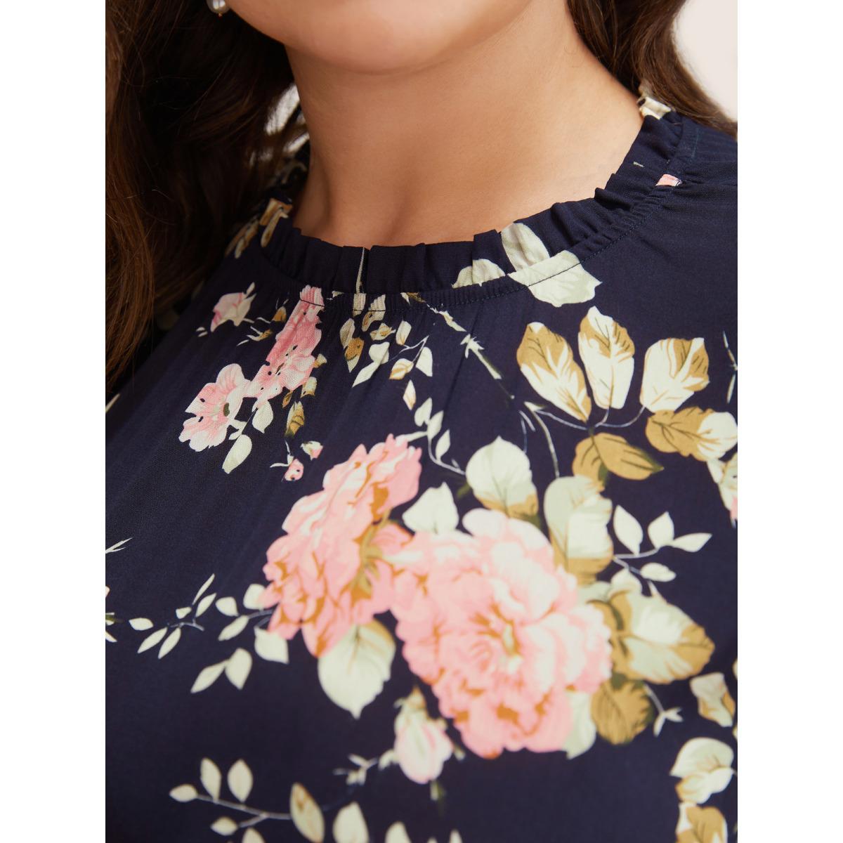 Plus Size Floral Frill Trim Mock Neck Pocket Ruffle Belted Cap Sleeve Dress DarkBlue Women Romantic Non Round Neck Short sleeve Curvy Midi Dress BloomChic 12/L Product Image