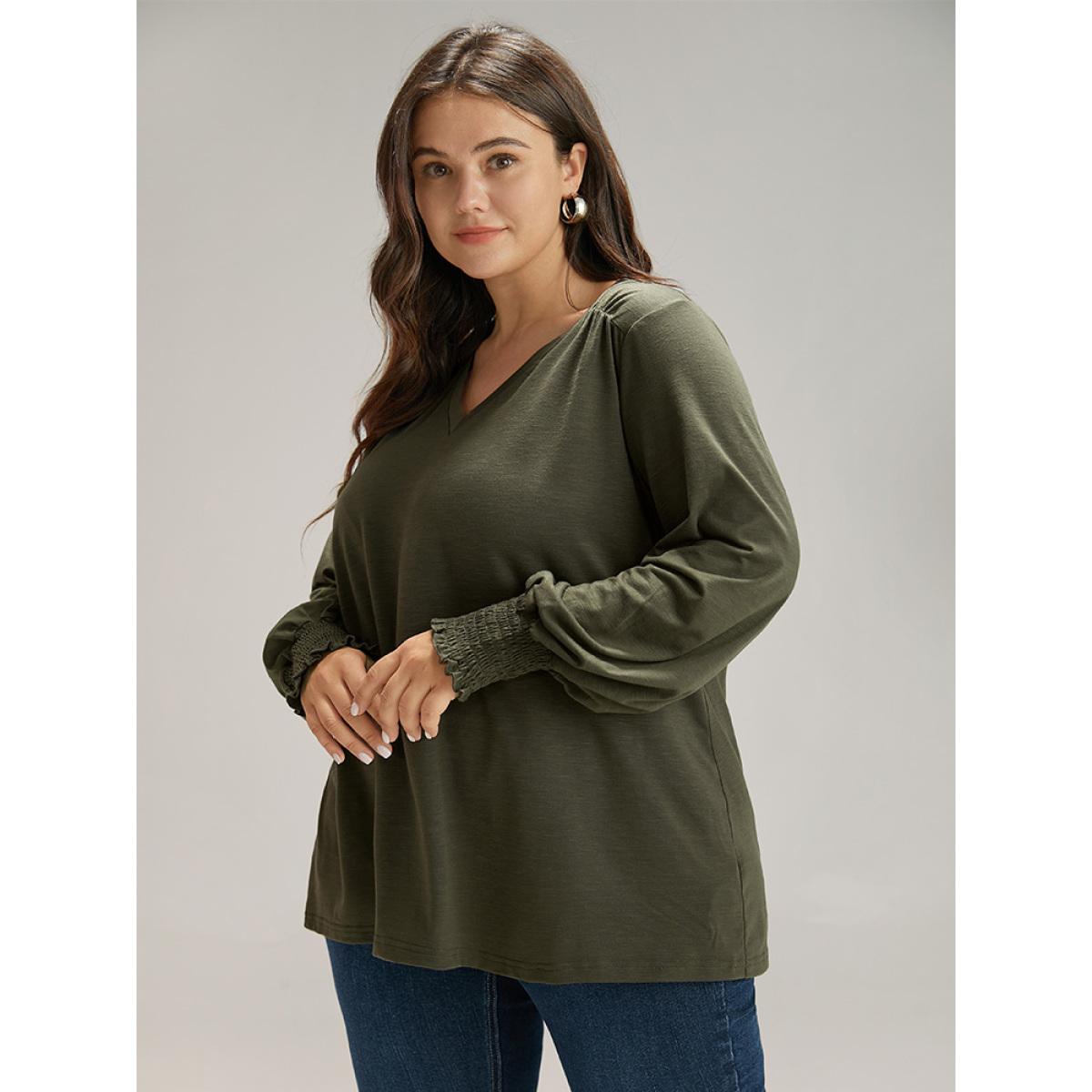 Plus Size Plain V Neck Gathered Shirred Sleeve T-shirt ArmyGreen Women Casual Elastic cuffs Plain V-neck Everyday T-shirts BloomChic 10/M Product Image