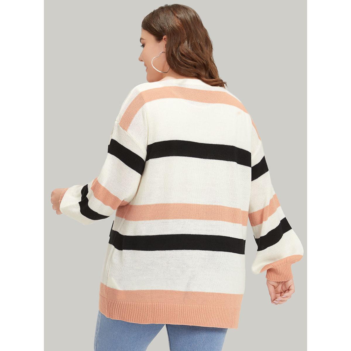 Plus Size Colorblock Contrast Elastic Cuffs Open Front Cardigan Multicolor Women Casual Loose Long Sleeve Dailywear Cardigans BloomChic 14-16/1X Product Image