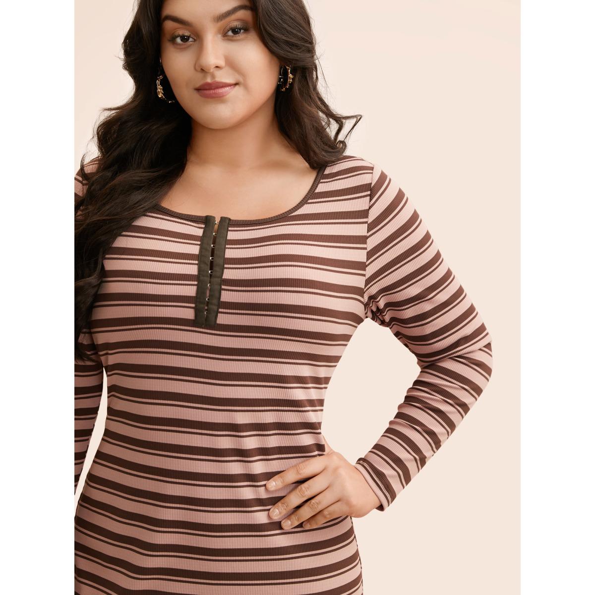 Plus Size U Neck Striped Pit Strip Dress DustyPink Women Casual Texture U-neck Long Sleeve Curvy BloomChic 26/4X Product Image