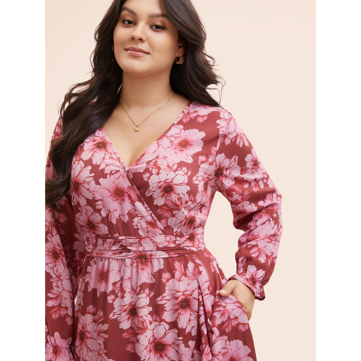 Plus Size Floral Overlap Collar Ruffle Trim Dress RedViolet Women Elegant Gathered Overlap Collar Long Sleeve Curvy BloomChic 22-24/3X Product Image