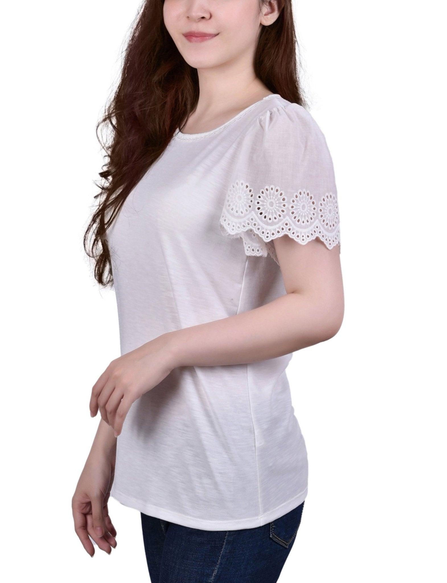 White Short Flutter Eyelet Sleeve Pullover - Petite Product Image