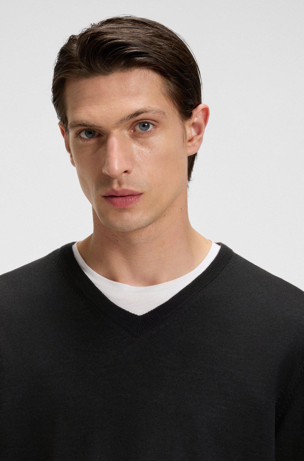 BOSS - V-neck sweater in merino wool - Black Product Image