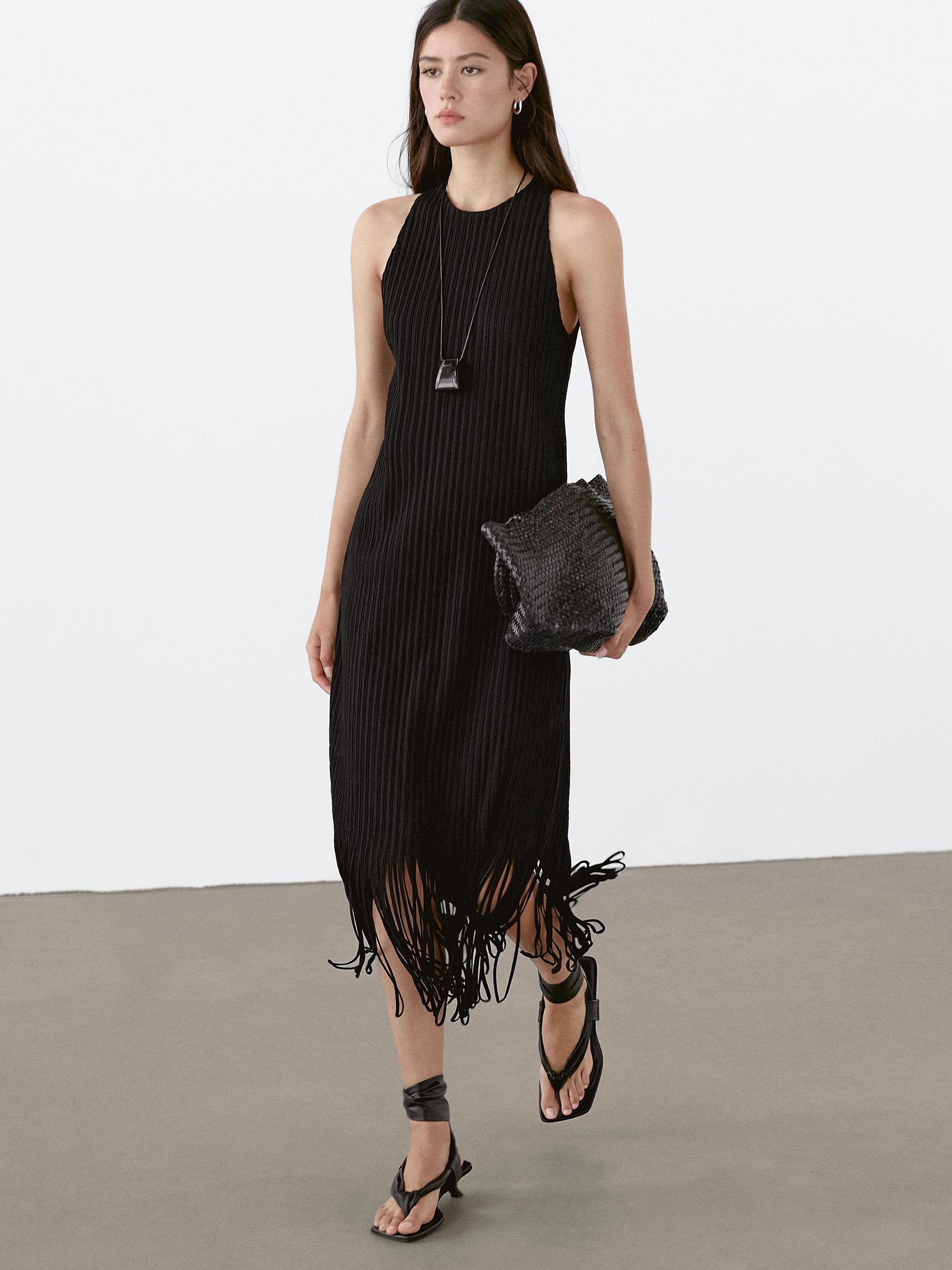Textured knit dress with fringed hem Product Image