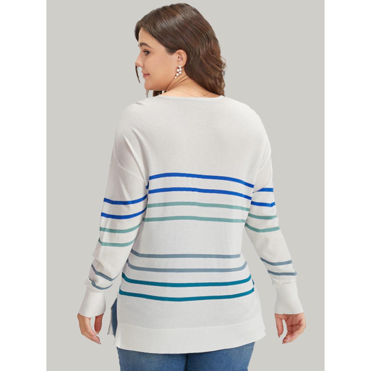 Plus Size Striped V Neck Split Hem Pullover White Women Casual Loose Long Sleeve V-neck Everyday Pullovers BloomChic 22-24/3X Product Image