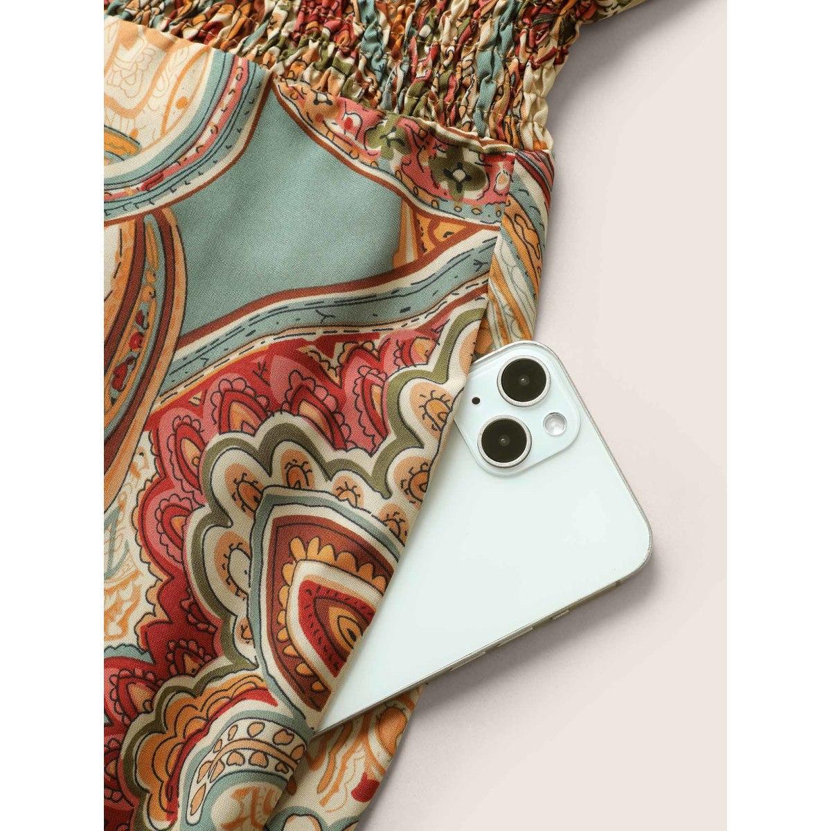 Plus Size Emerald Paisley Print Halter Shirred Elastic Waist Jumpsuit Women Resort Sleeveless Halter neck Vacation Loose Jumpsuits BloomChic 30/6X Product Image