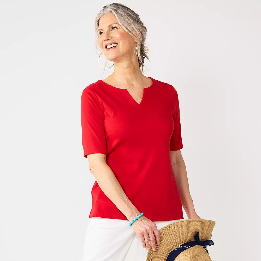 Petite Croft & Barrow® Elbow Sleeve Splitneck Top, Women's,  Product Image