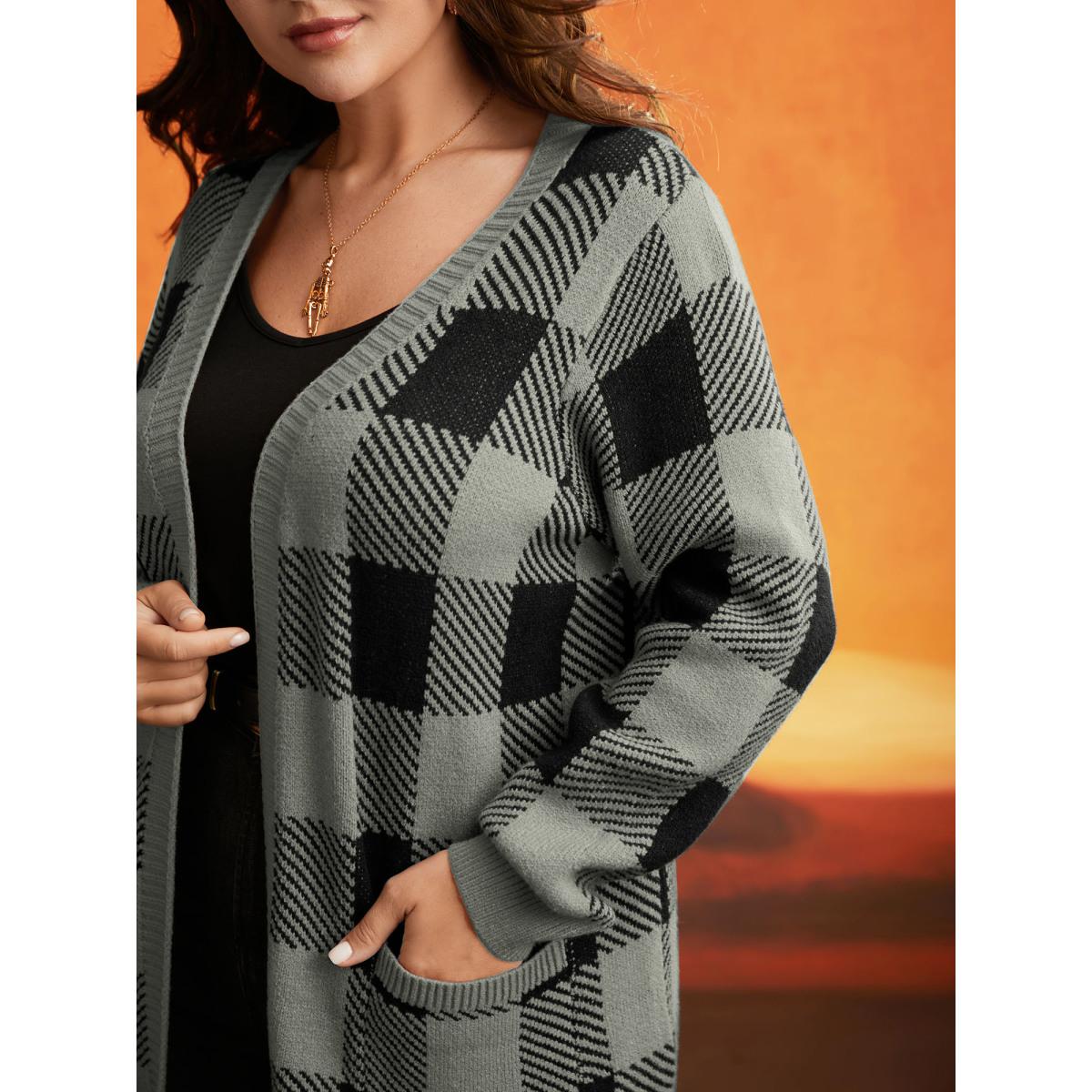 Plus Size Supersoft Essentials Plaid Open Cardigan DarkGray Women Casual Loose Long Sleeve Everyday Cardigans BloomChic 12/L Product Image
