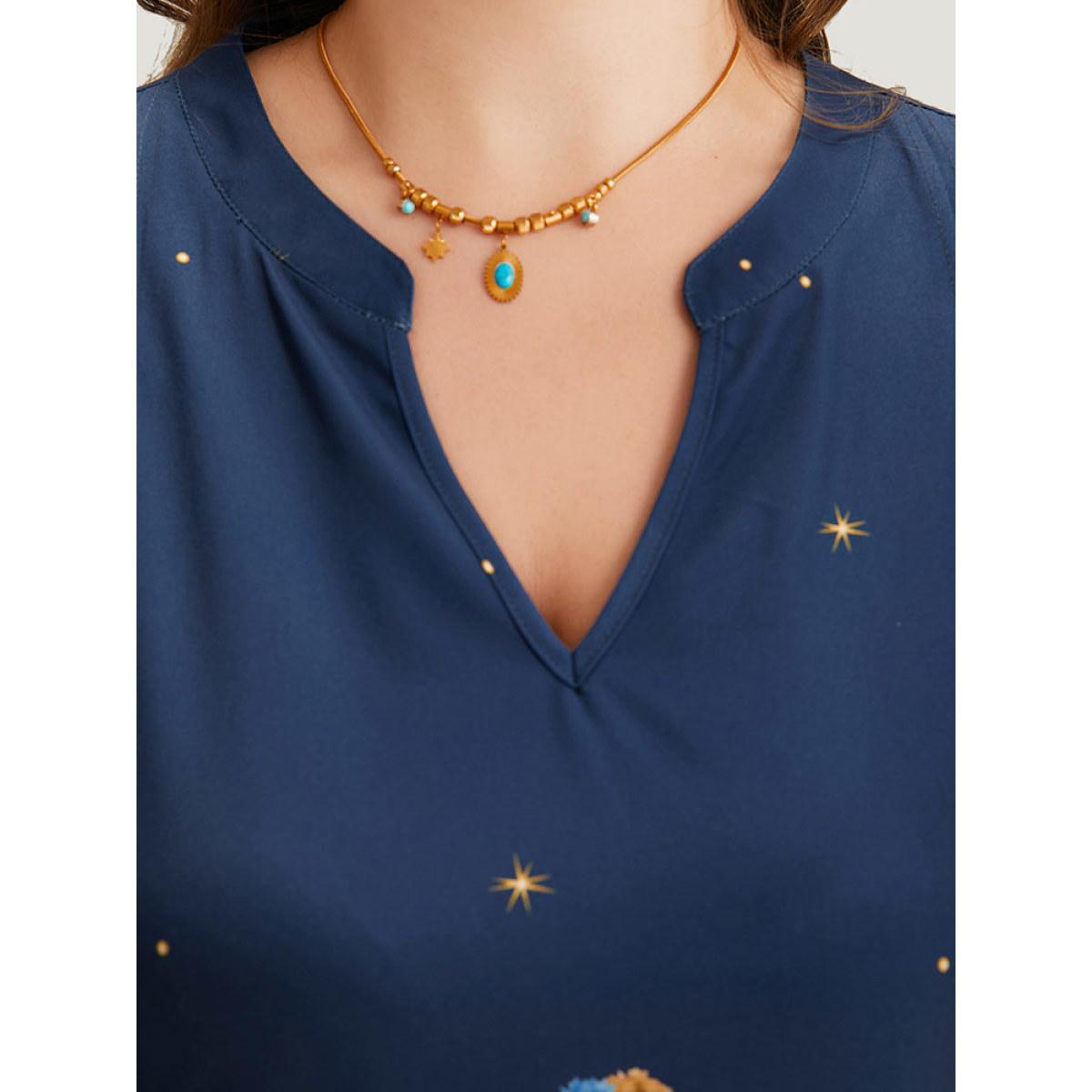 Plus Size Star & Bandana Print Notched Ruffle Dress DarkBlue Women Vacation Gathered Notched collar Half Sleeve Curvy Midi Dress BloomChic 22-24/3X Product Image