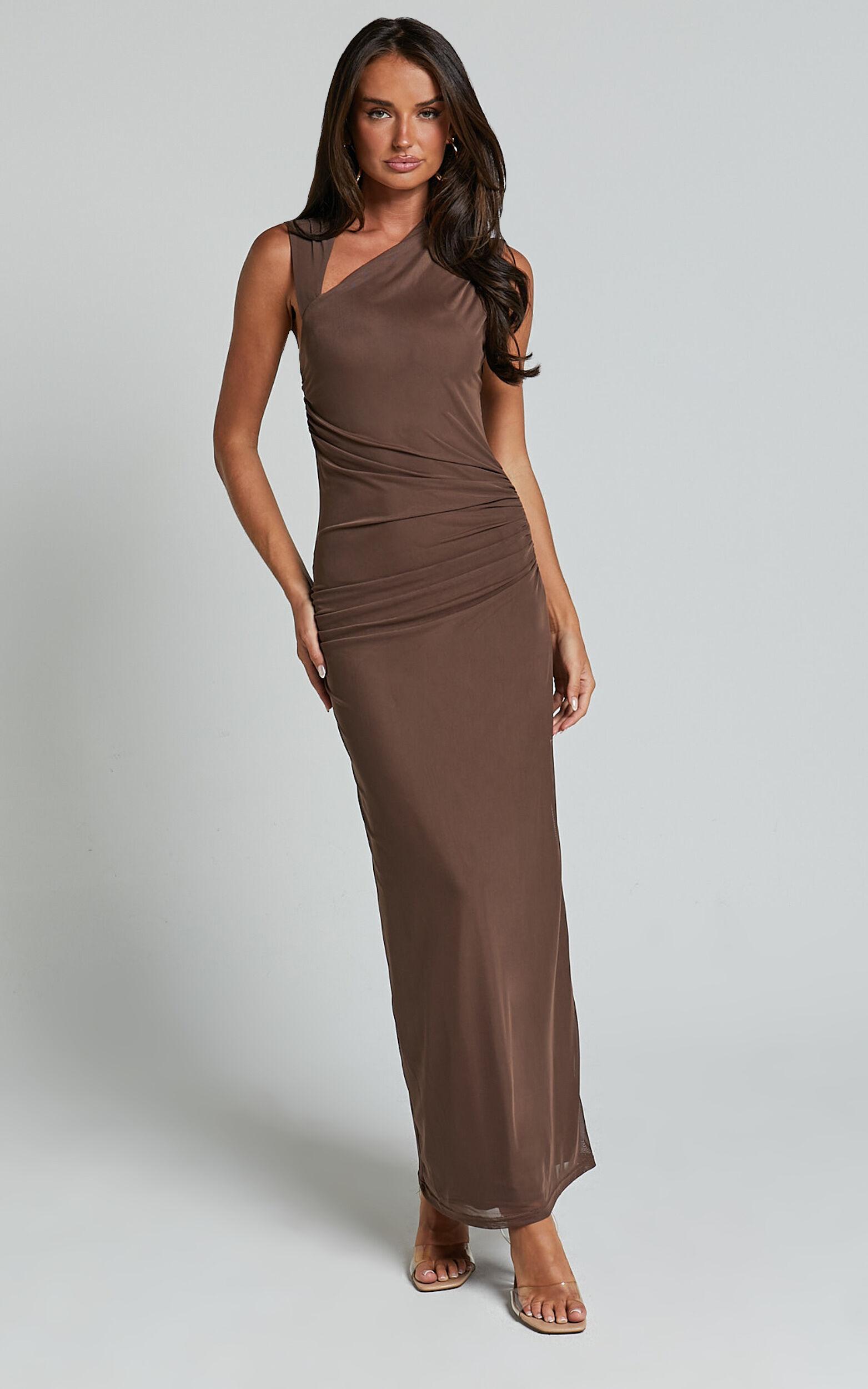 Lara Midi Dress - Asymmetrical Ruched Mesh Dress in Chocolate Product Image