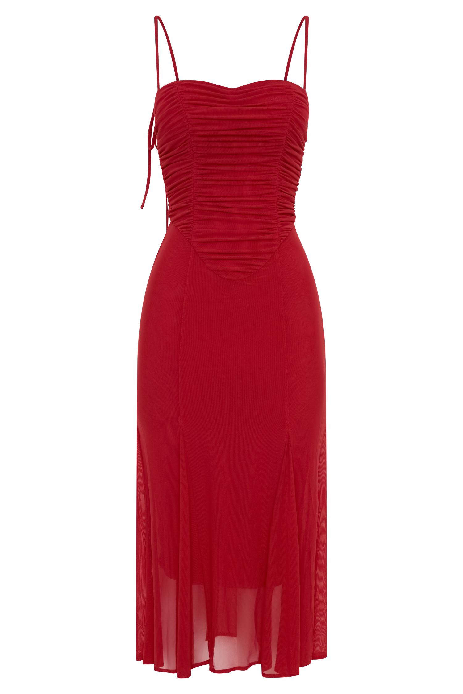 Willa Gathered Mesh Midi Dress - Ruby Product Image