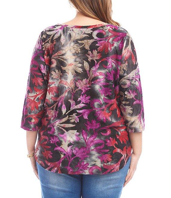 Karen Kane Plus Size Floral Velvety Burnout Tie-Dye Scoop Neck 3/4 Sleeve Shirttail Top Product Image