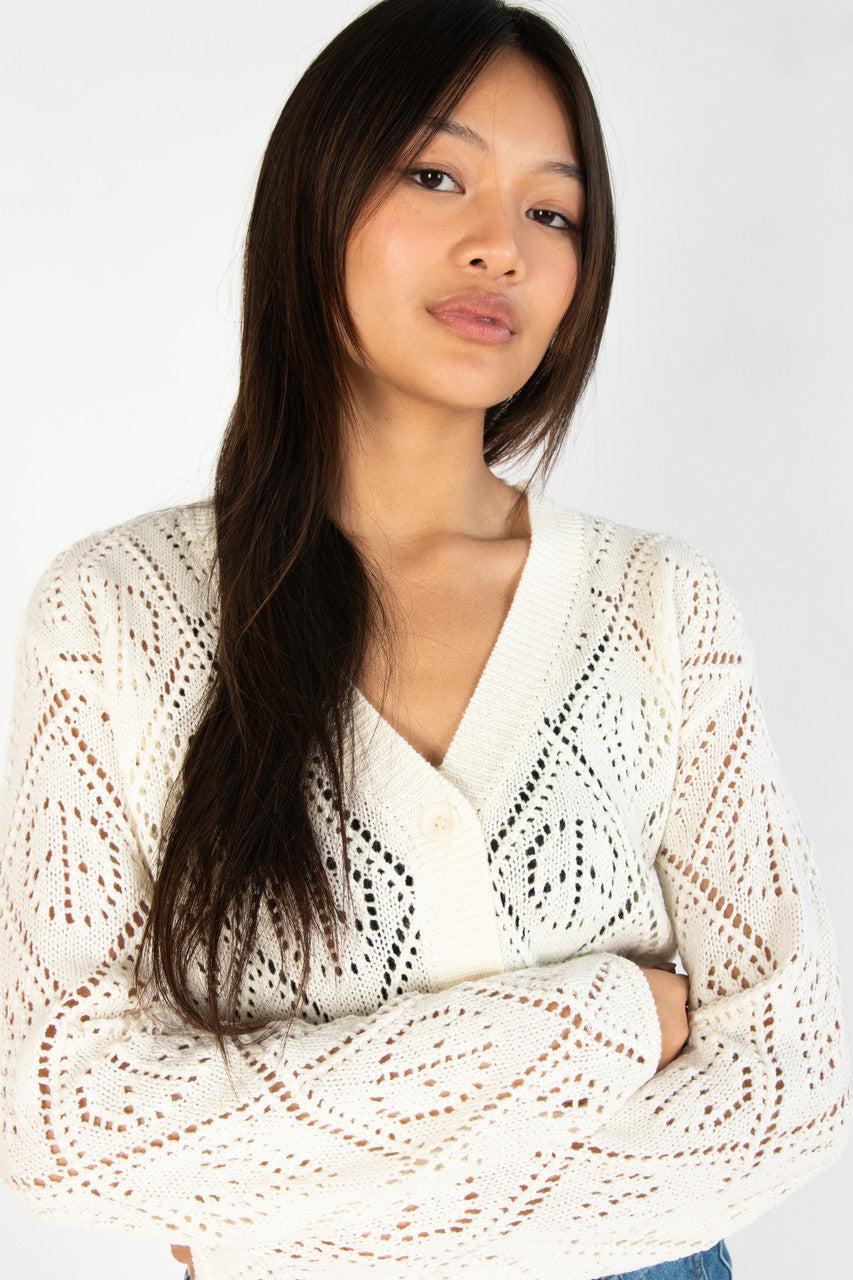 Ivory Bell Sleeve Pointelle Cardigan Product Image