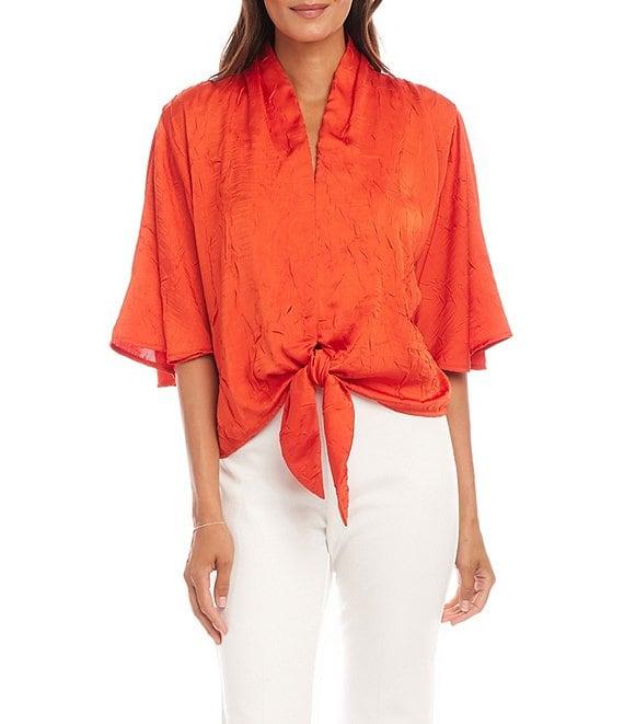 Karen Kane Crushed Satin Tie-Front V-Neck Elbow Flare Sleeve Top Product Image