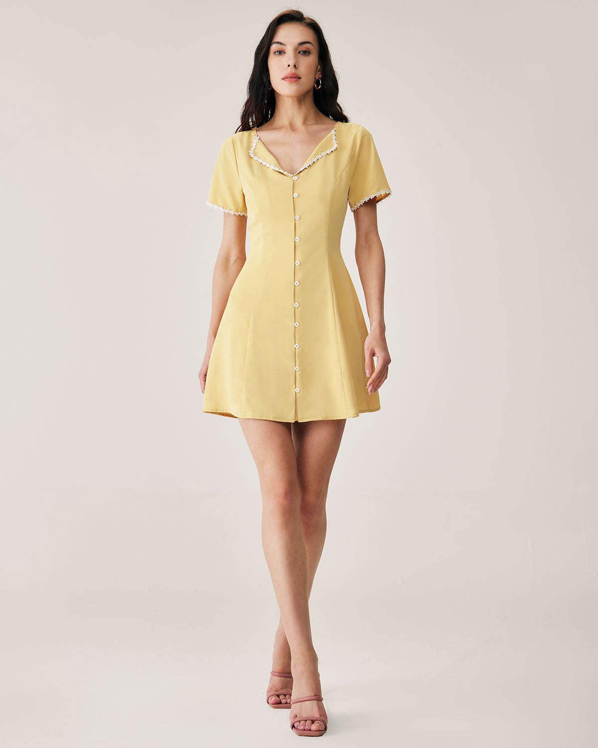 Yellow V-neck Button Mini Dress Product Image