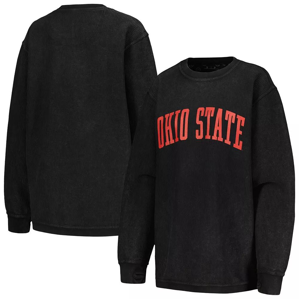 Women's Pressbox Black Ohio State Buckeyes Comfy Corded Vintage Wash Basic Arch Pullover Sweatshirt,  Product Image