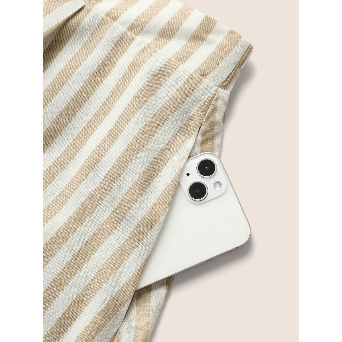 Plus Size Stripes Elastic Waist Button Detail Pocket Skirt Women Apricot Work From Home Button No stretch Slanted pocket Work Skirts BloomChic 30/6X Product Image