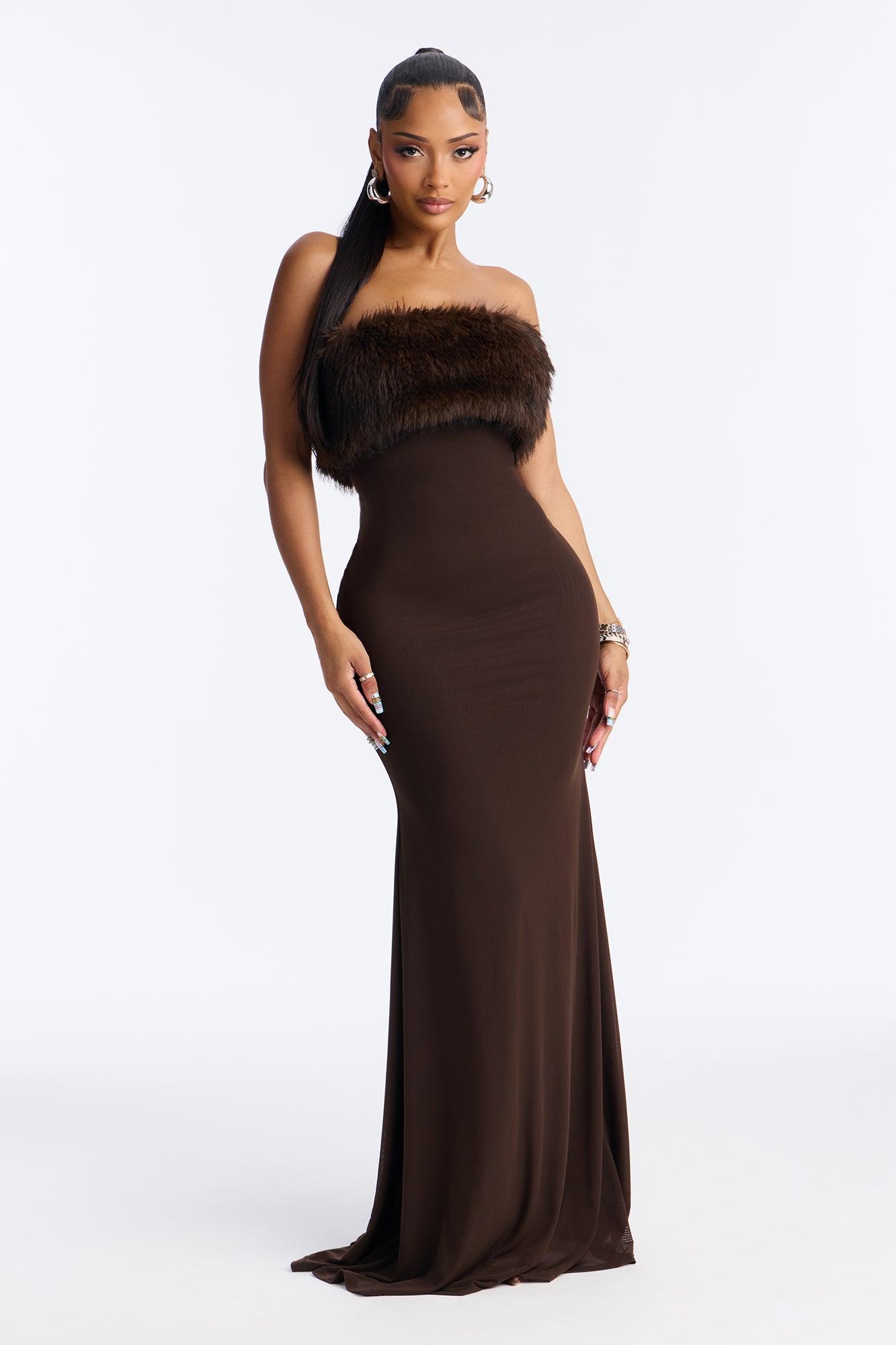 Glam Theory 2 Piece Faux Fur Gown - Chocolate Female Product Image