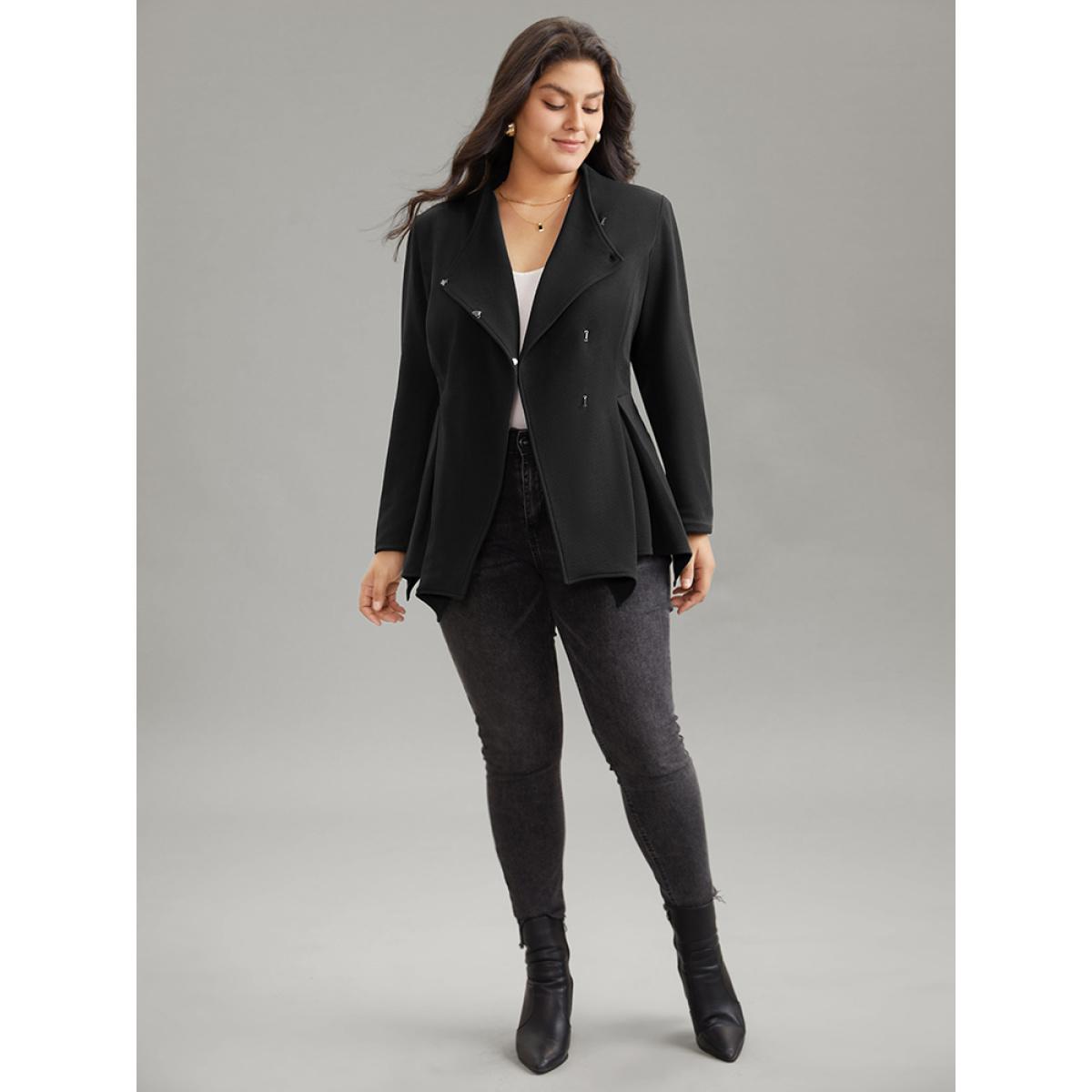 Plus Size Plain Asymmetrical Neck Button Up Blazer Black Women Office Plain Lined Sleeve Long Sleeve Asymmetrical Neck 10/M Work From Home Blazers BloomChic Product Image