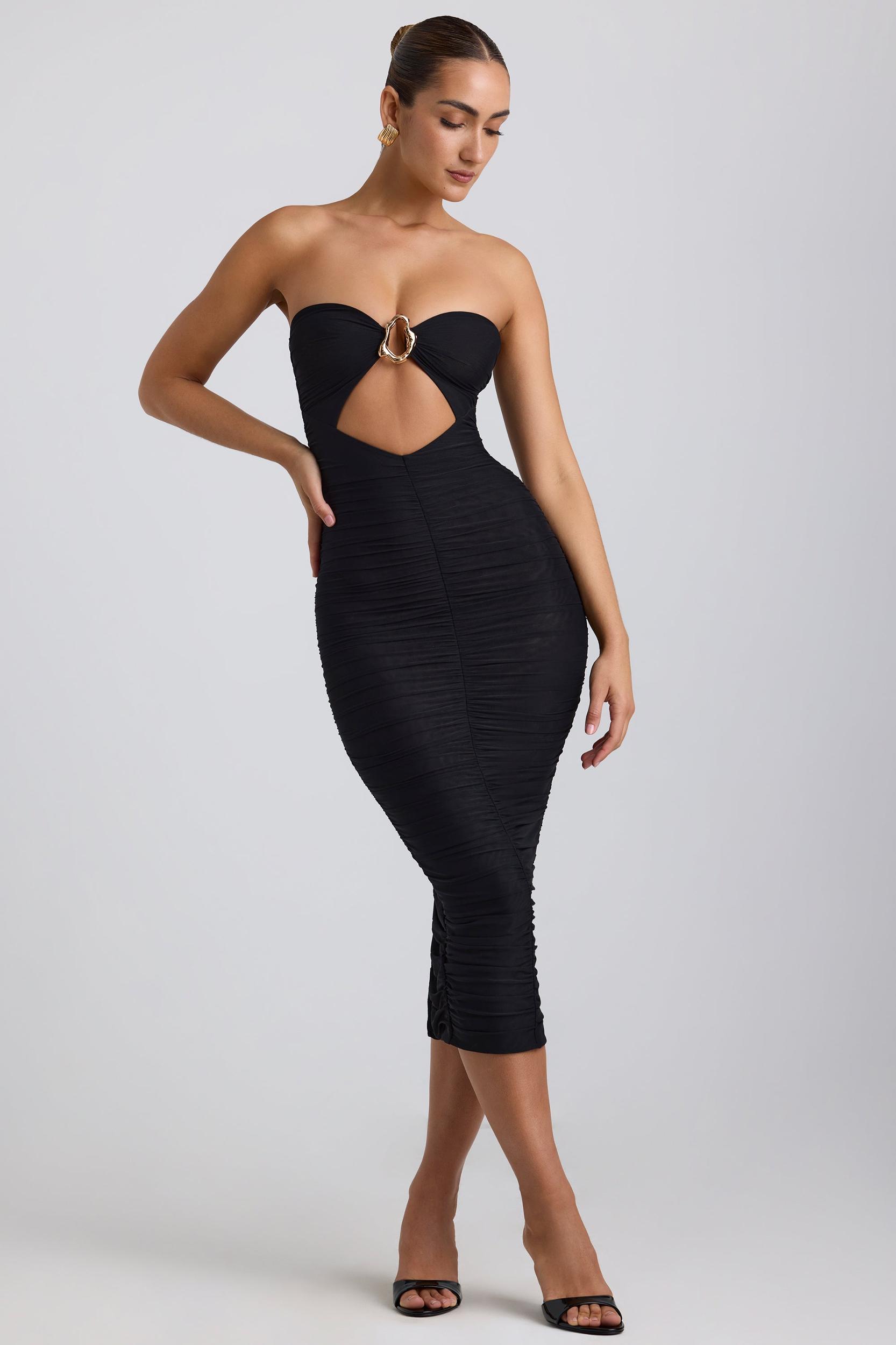 Ruched Hardware Detail Strapless Midaxi Dress in Black Product Image