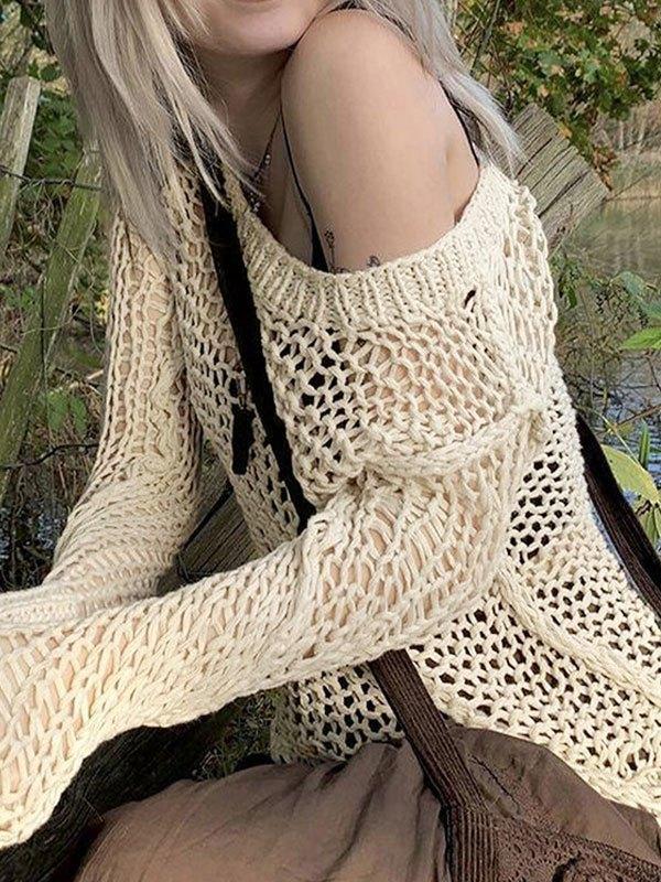 Crochet Hollow Long Sleeve Knit Top Product Image