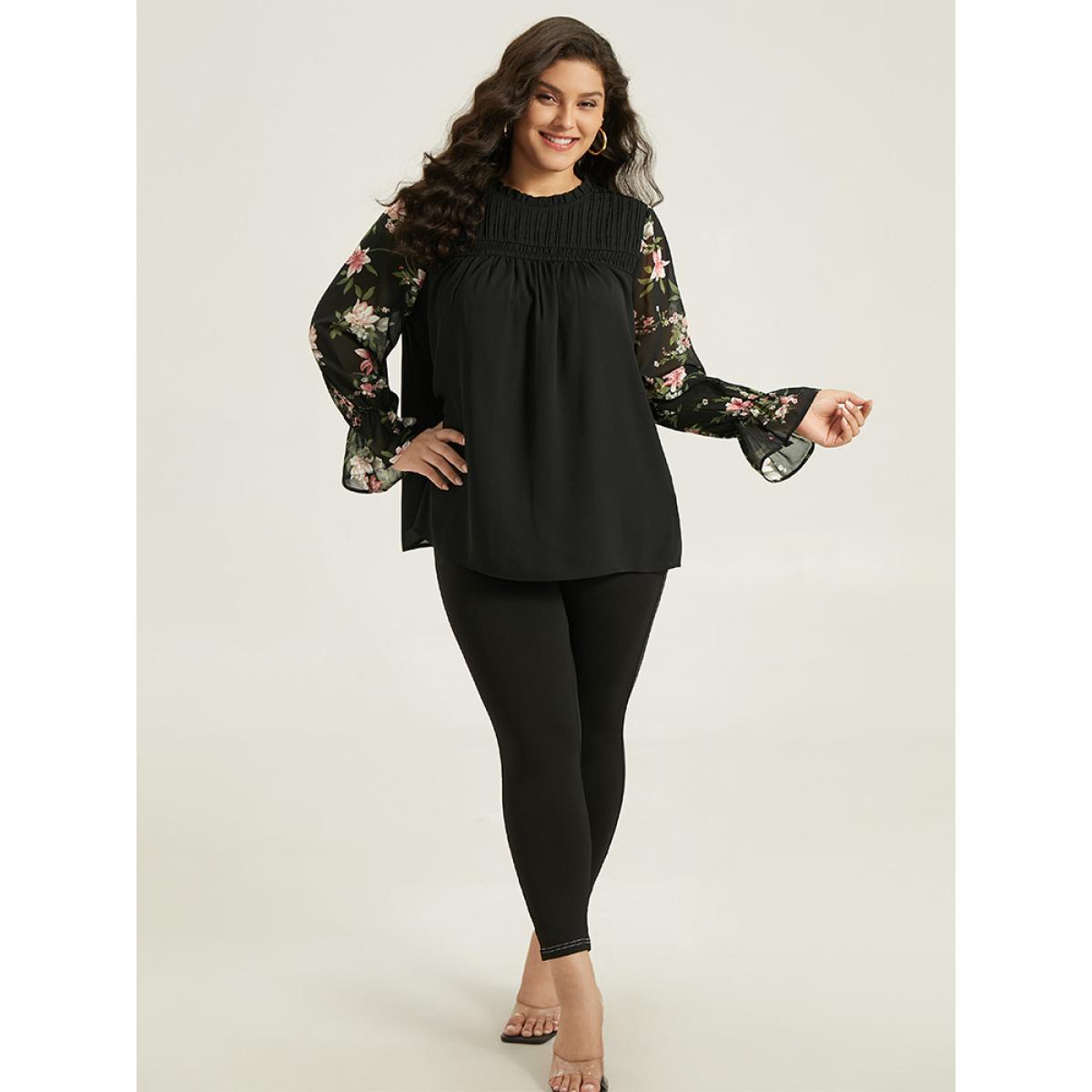 Plus Size Black Twill Floral Patchwork Shirred Mesh Frill Trim Blouse Women Elegant Long Sleeve Stand-up collar Dailywear Blouses BloomChic 26/4X Product Image