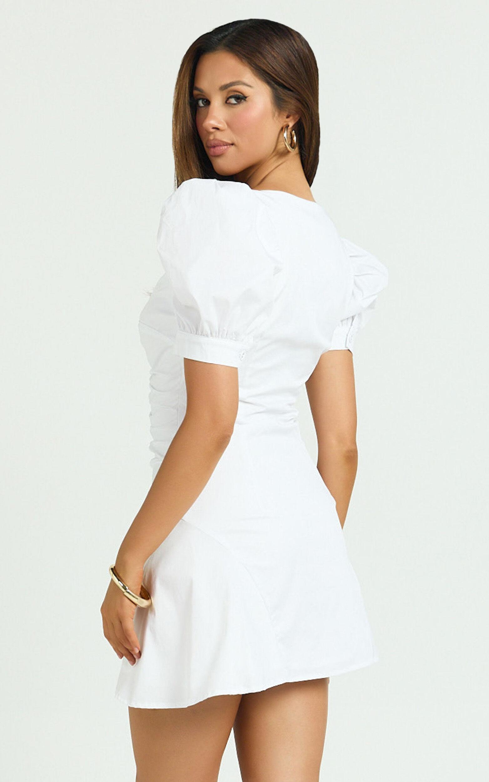 Mya Mini Dress - Scoop Neck Ruched Button Front Puff Sleeve Dress in White Product Image