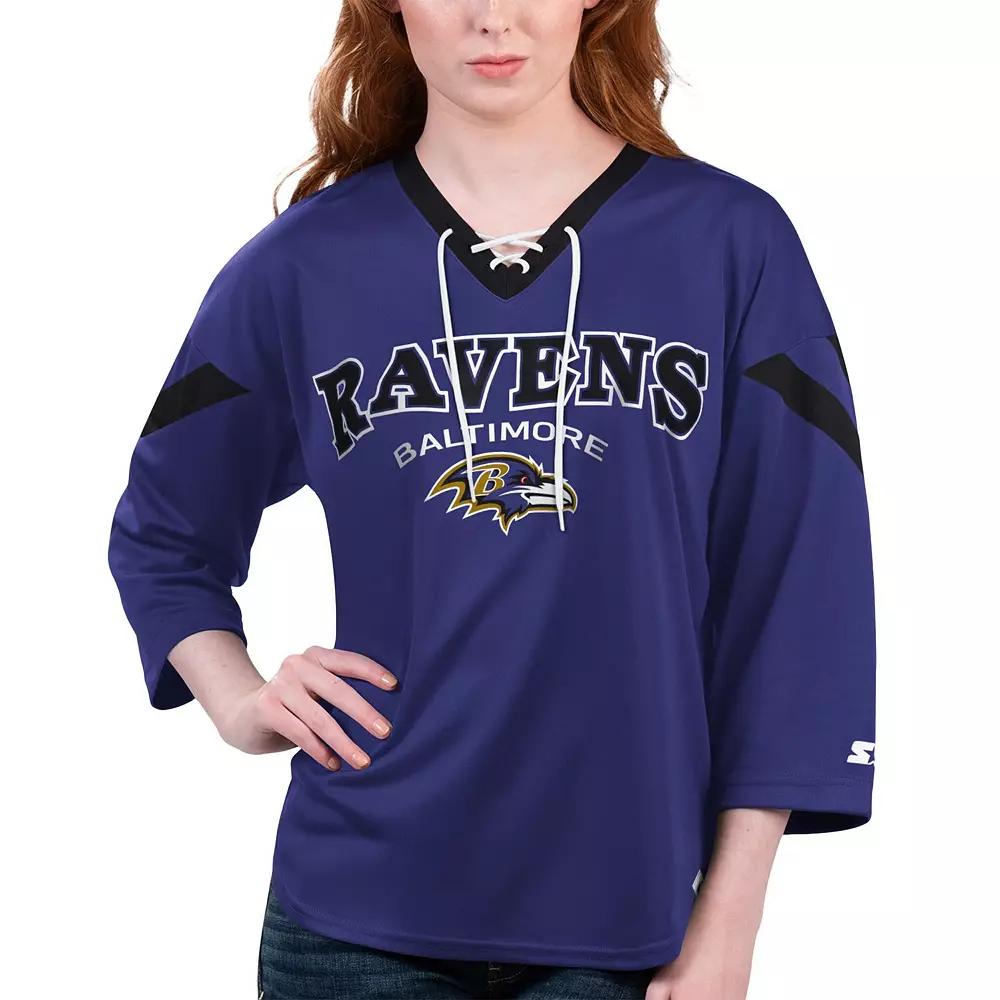 Women's Starter Purple Baltimore Ravens Rally Lace-Up 3/4 Sleeve T-Shirt,  Product Image