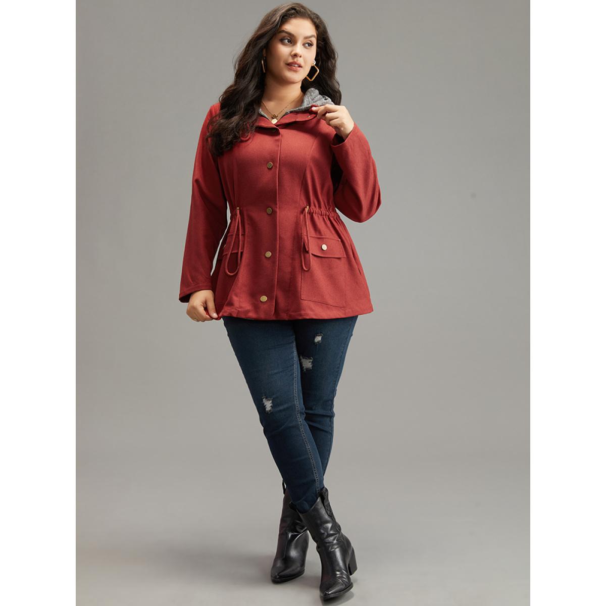 Plus Size Two Tone Hooded Drawstring Zipper Jacket Women Russet Contrast Pocket Everyday Jackets BloomChic 22-24/3X Product Image