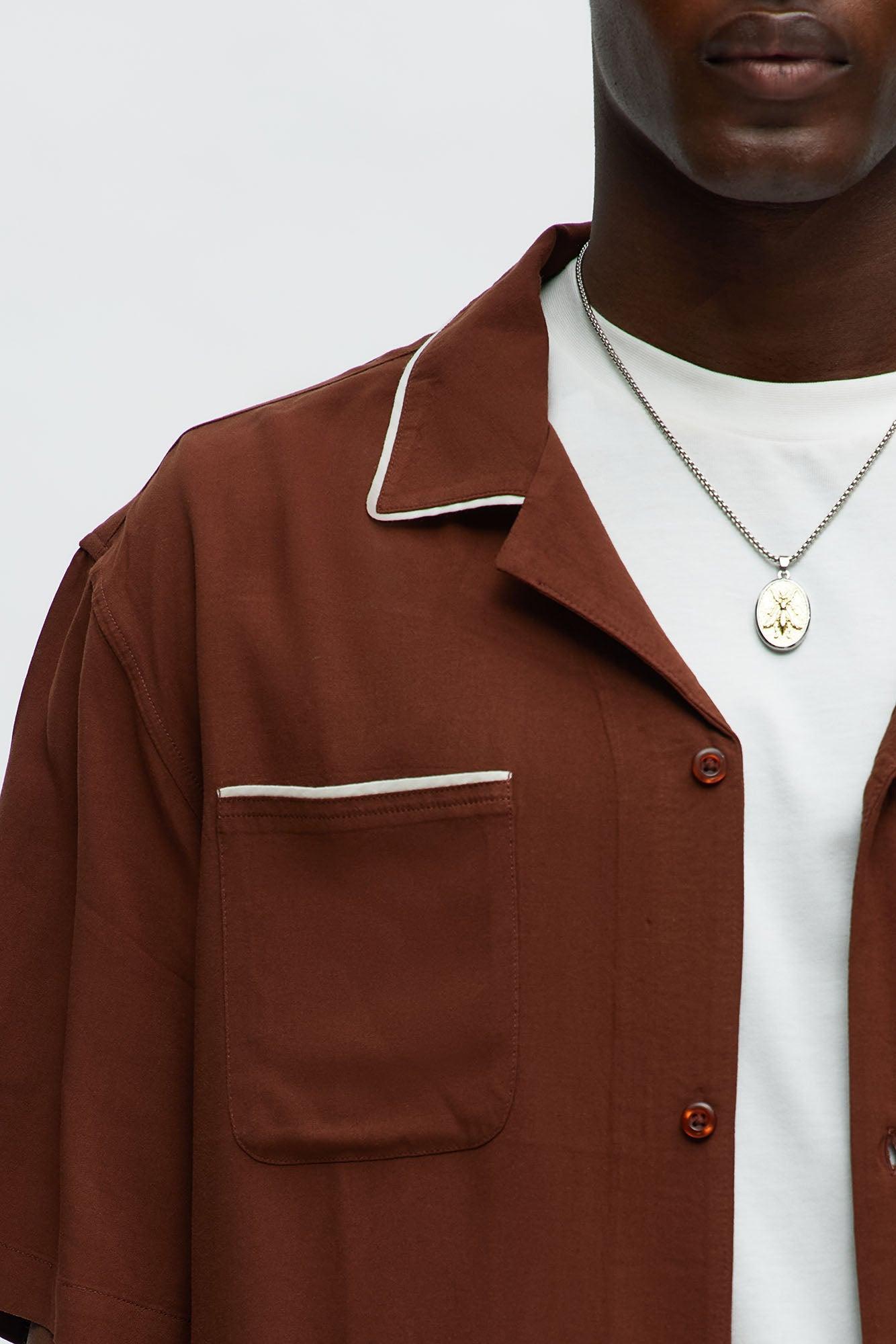 Casual Cropped PJ Style Button Up Shirt - Brown Product Image