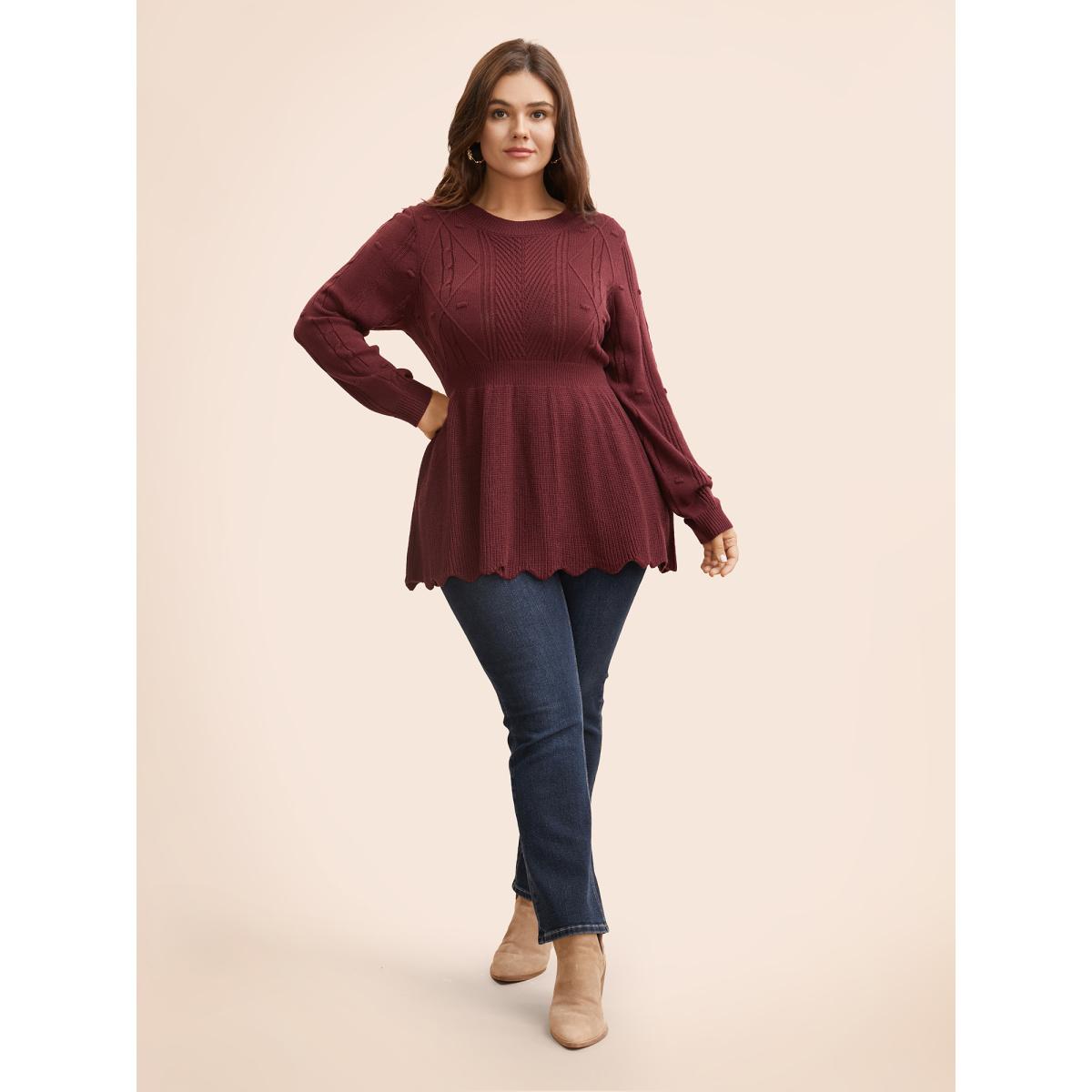 Plus Size Plain Textured Scalloped Trim Pullover Deepred Women Timeless Bodycon Long Sleeve Round Neck Elegant Pullovers BloomChic 18-20/2X Product Image