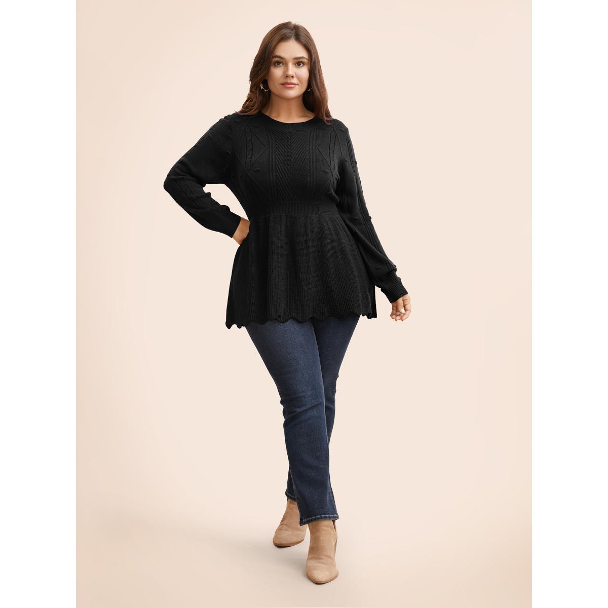 Plus Size Plain Textured Scalloped Trim Pullover Black Women Casual Bodycon Long Sleeve Round Neck Everyday Pullovers BloomChic 12/L Product Image